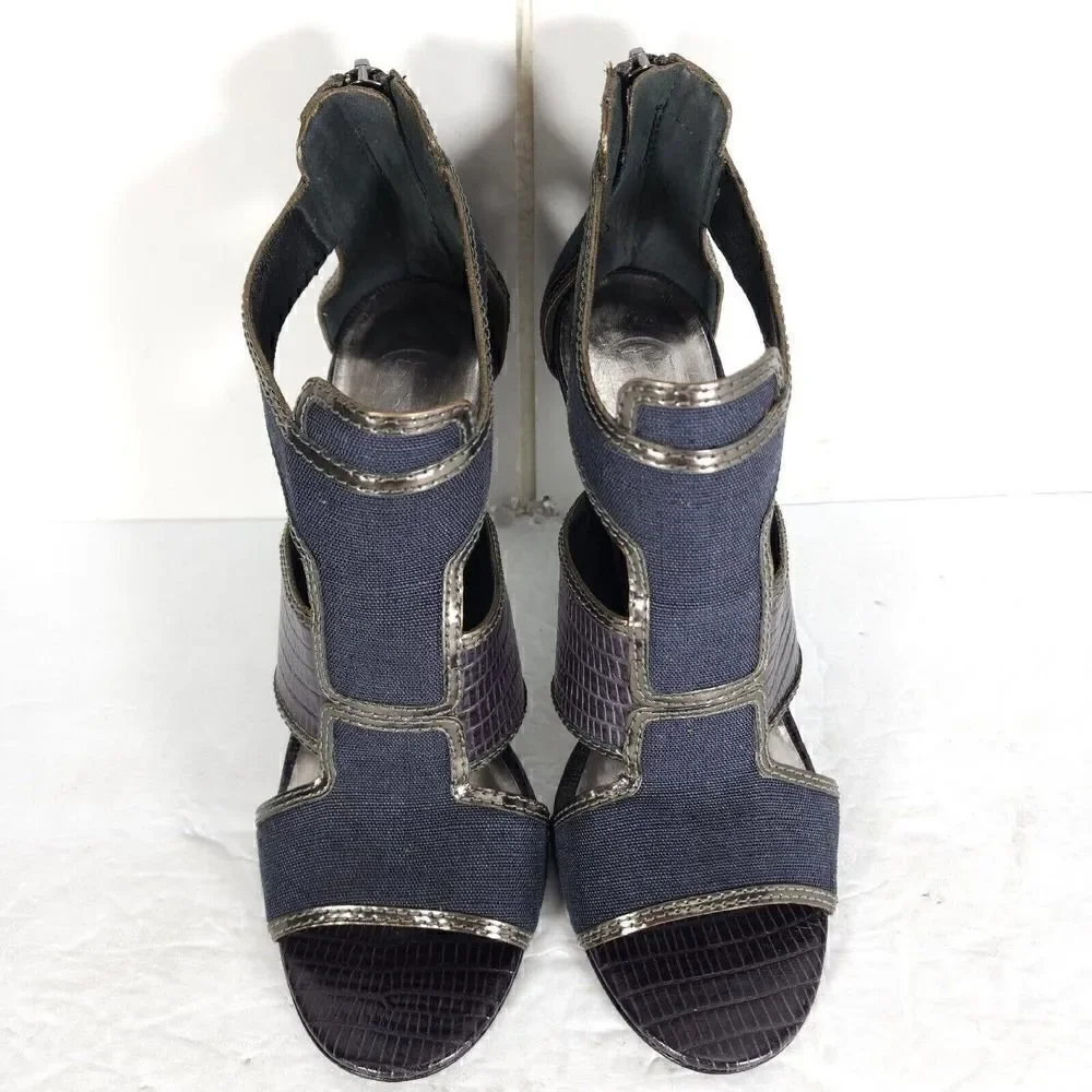 Tory Burch Women's US 10M Blue Canvas Leather Animal Print Cut-Out Heeled Sandal